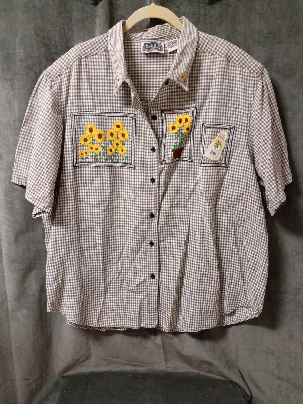 Vintage Talk America Black White Gingham Top With Sunflower Embroidery Size 24 - Picture 4 of 13